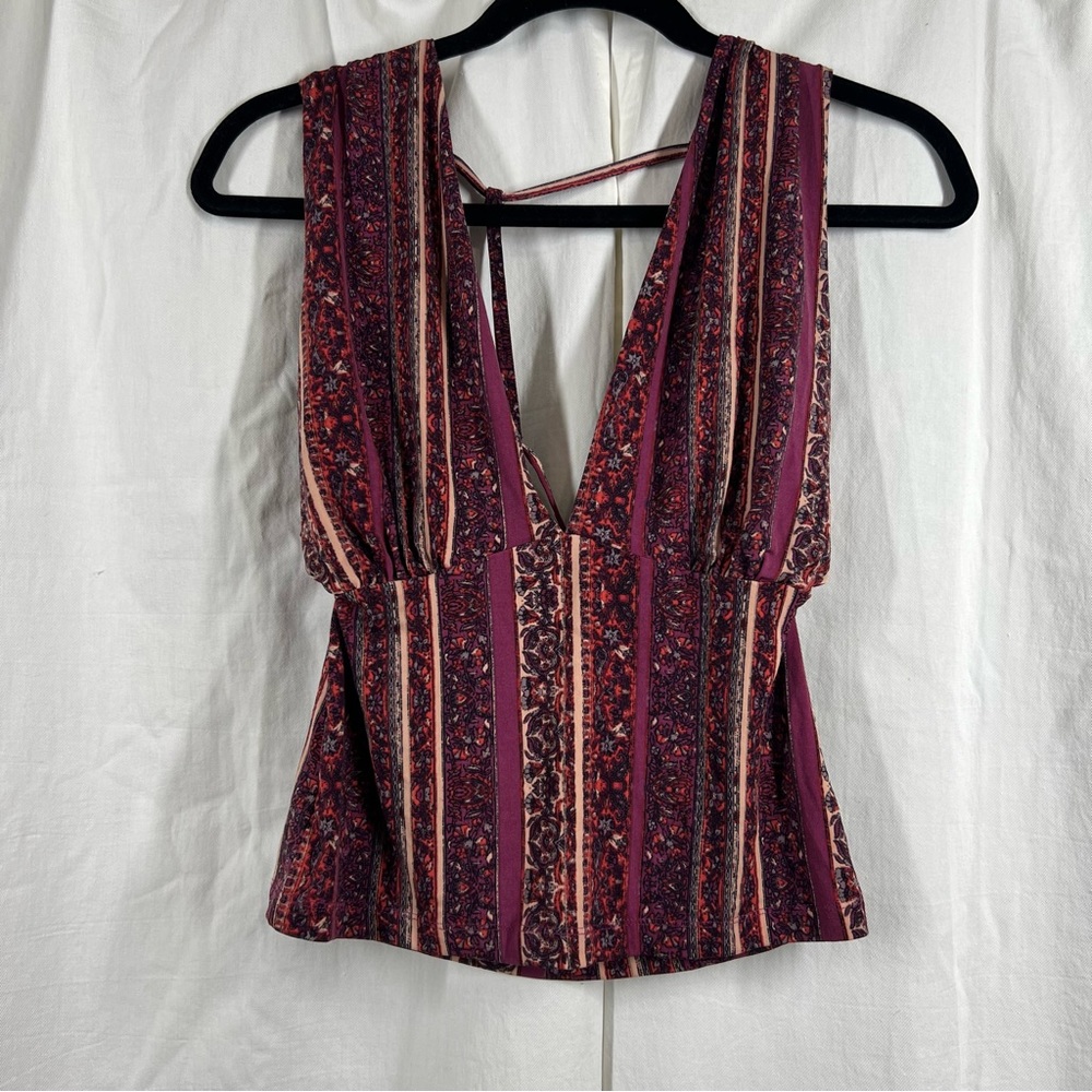 free people wine floral Derp v neck Strappy back blouse top